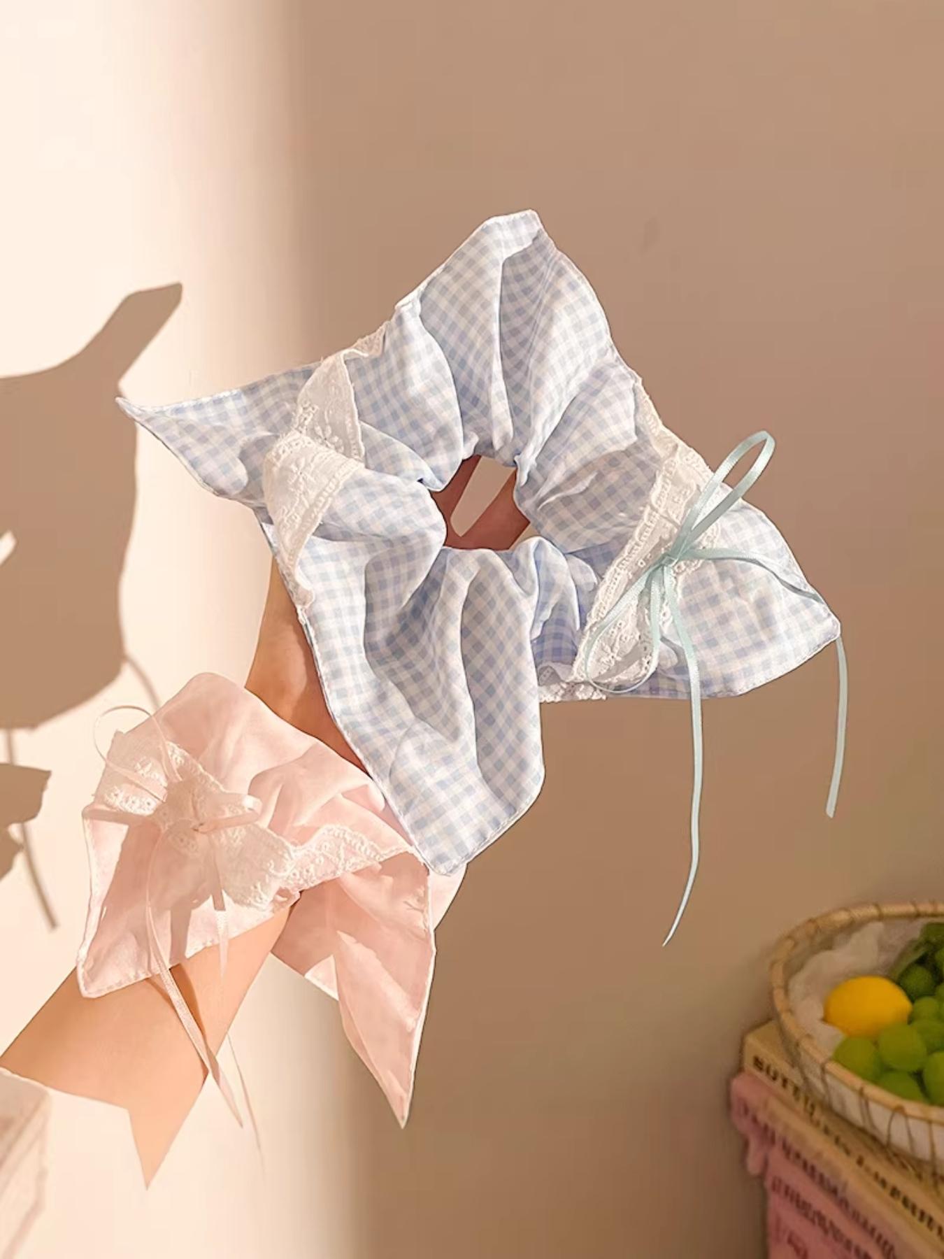 Fresh Sweet Lace Bow Plaid Square Scarf Hair Elastic, Girls' Ponytail Headband, Fashionable Versatile Hair Accessory, All Seasons