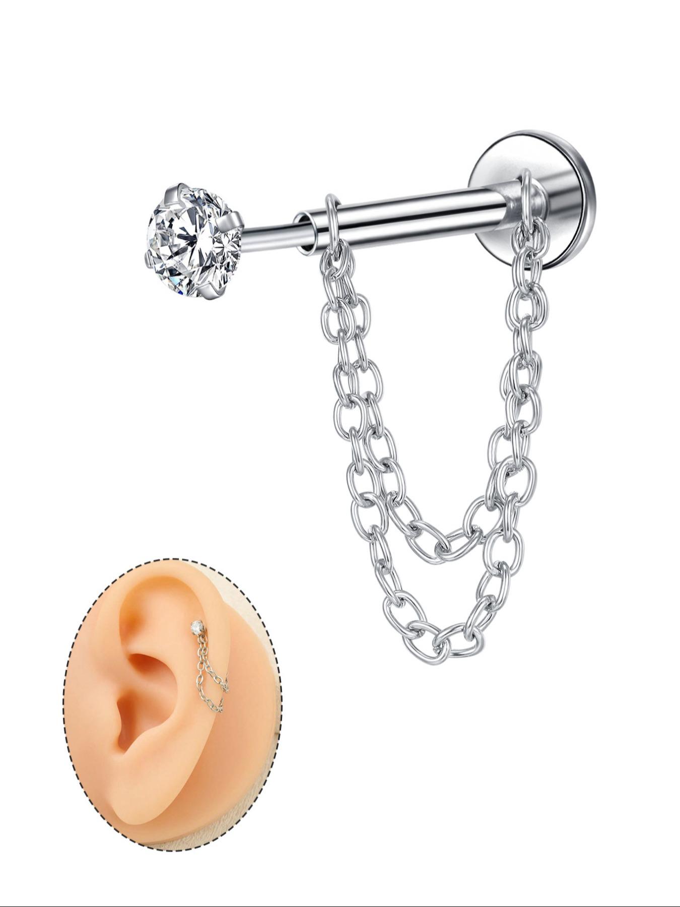 Unisex Stainless Steel Cubic Zirconia Earrings, 20G Push-Back Studs with Double Chain Design, Fashion Ear Jewelry, Trendy Jewelry Accessories, Perfect Gift