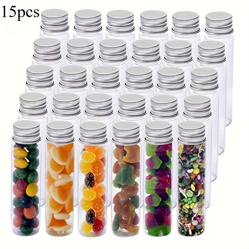 15pcs Plastic Test Tubes, Transparent Test Tube with Aluminum Screw Caps, Plastic Storage Tubes for Candy, Bath Salt, Granules and Liquids, Bottles