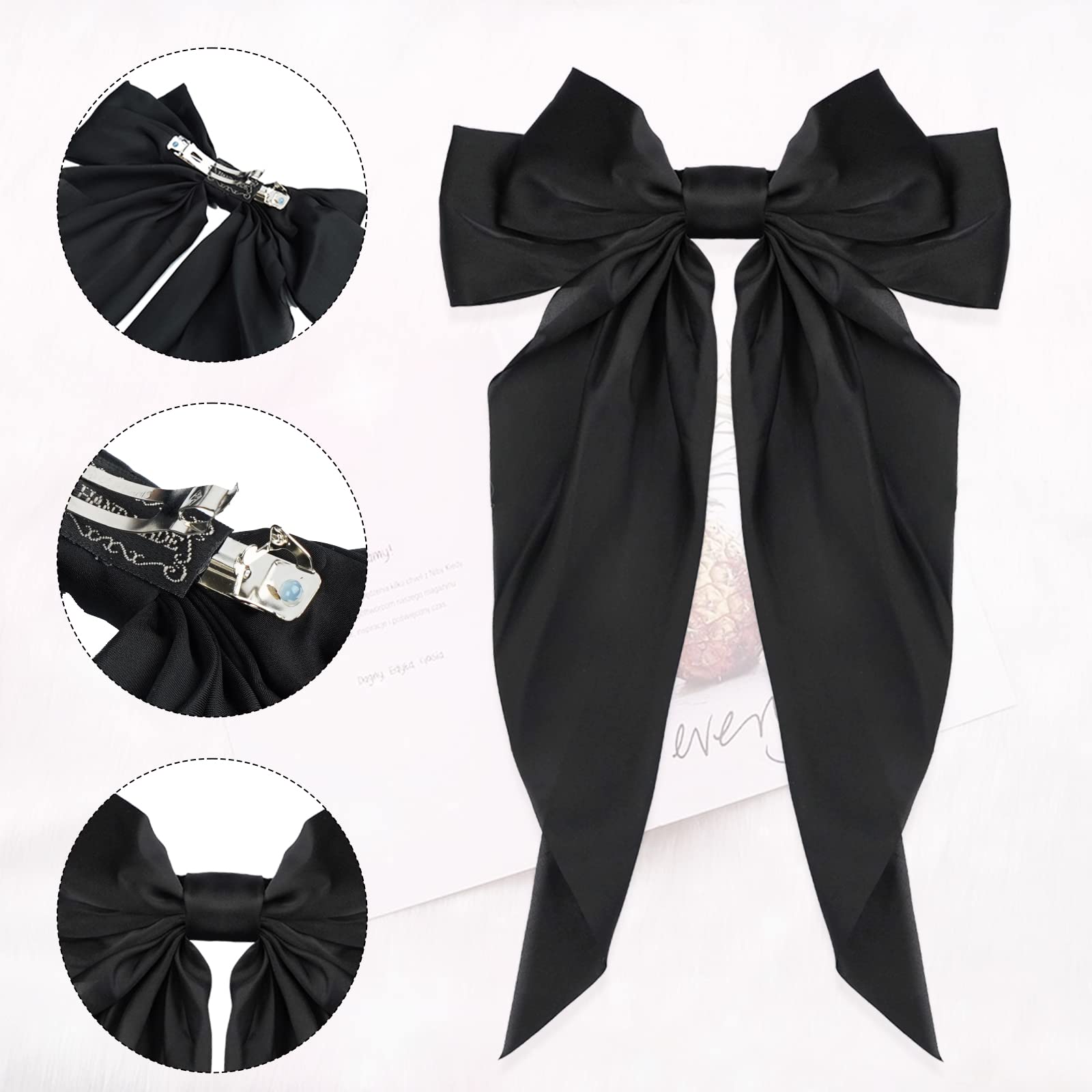 Big Bow Hair Accessories 2pcs - Long Tail French Satin Silky Barrettes for Women and Girls, Black, Burgundy, Red Bows for Birthday, Party, Show, hair clips Fashion