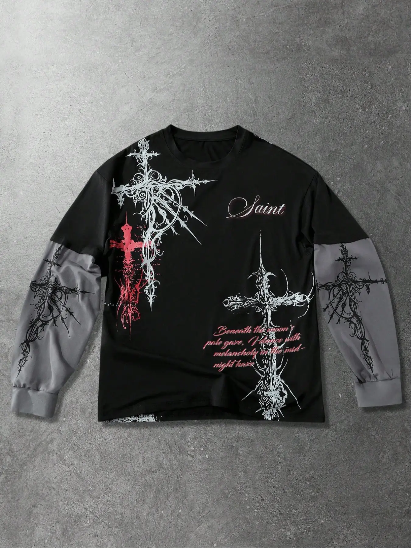 Gothic Style Streetwear Men's Long Sleeve Mock Two-Piece Black T