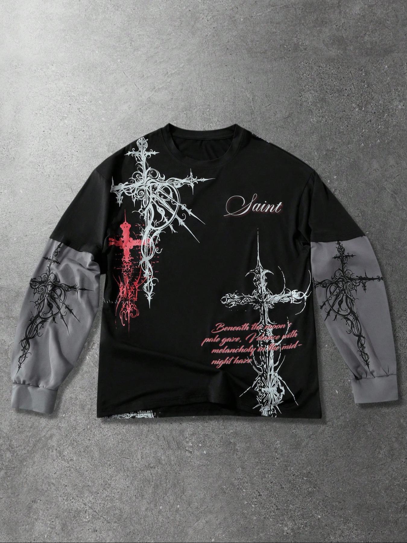 Gothic Style Streetwear Men's Long Sleeve Mock Two-Piece Black T