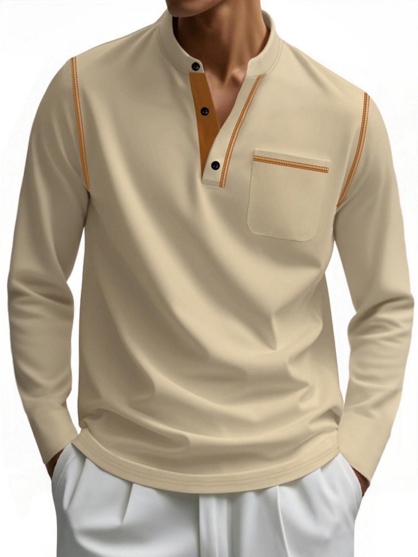 Men's Henry Long Sleeve Shirt, Button Neck Casual T-Shirt, Pocketed Daily Wear Fashion Top, Essential Stylish Clothing