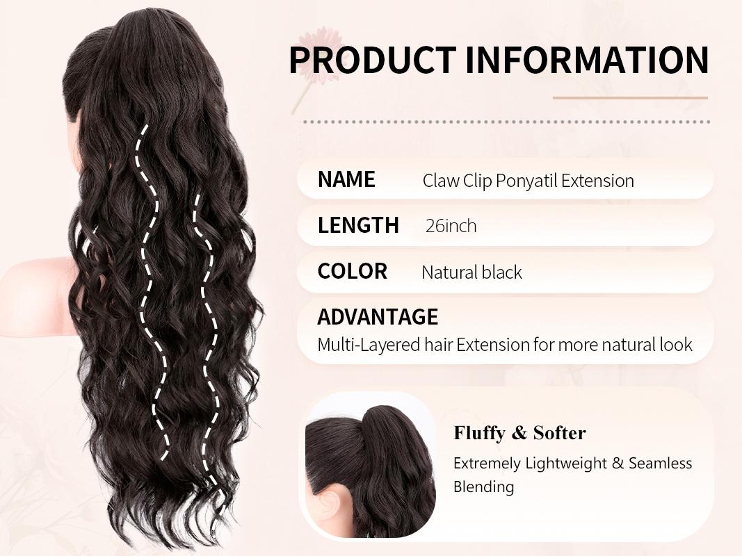 Iridescent 26" Claw Clip Ponytail Extension Wavy Ponytails Hair Extensions Jaw Clip on Pony Tails Synthetic Hairpiece for Women