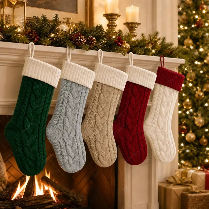XORAM Cable Knit Christmas Stockings, Large Angled Curved Design Xmas Gift Bag Hanging Ornaments for Home Christmas Decor & Holiday Gift StorageML-M518ABCDE