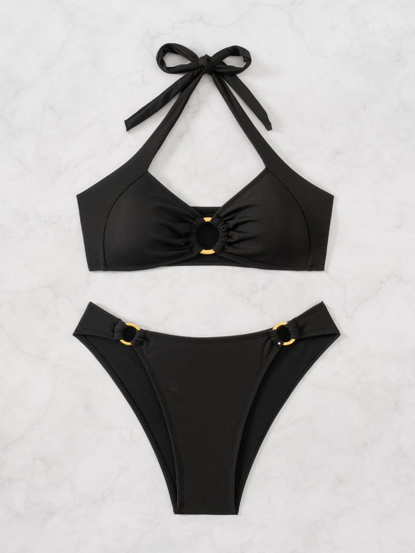 Women's Solid O-ring Knot Halter Bikini Set, Wireless Swim Top & High Cut Swim Bottom, Ladies Summer Swimwear for Beach Holiday Vacation, Swimsuit Style Bikini