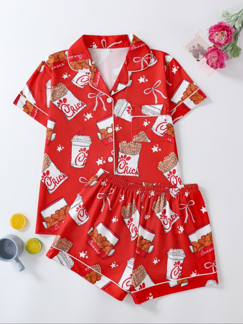 Women's All Over Print Button Front Shirt & Shorts Pyjama Set, Comfort Two-piece Pj Set for Homewear, Women's Sleepwear for All Seasons, Pajama Set