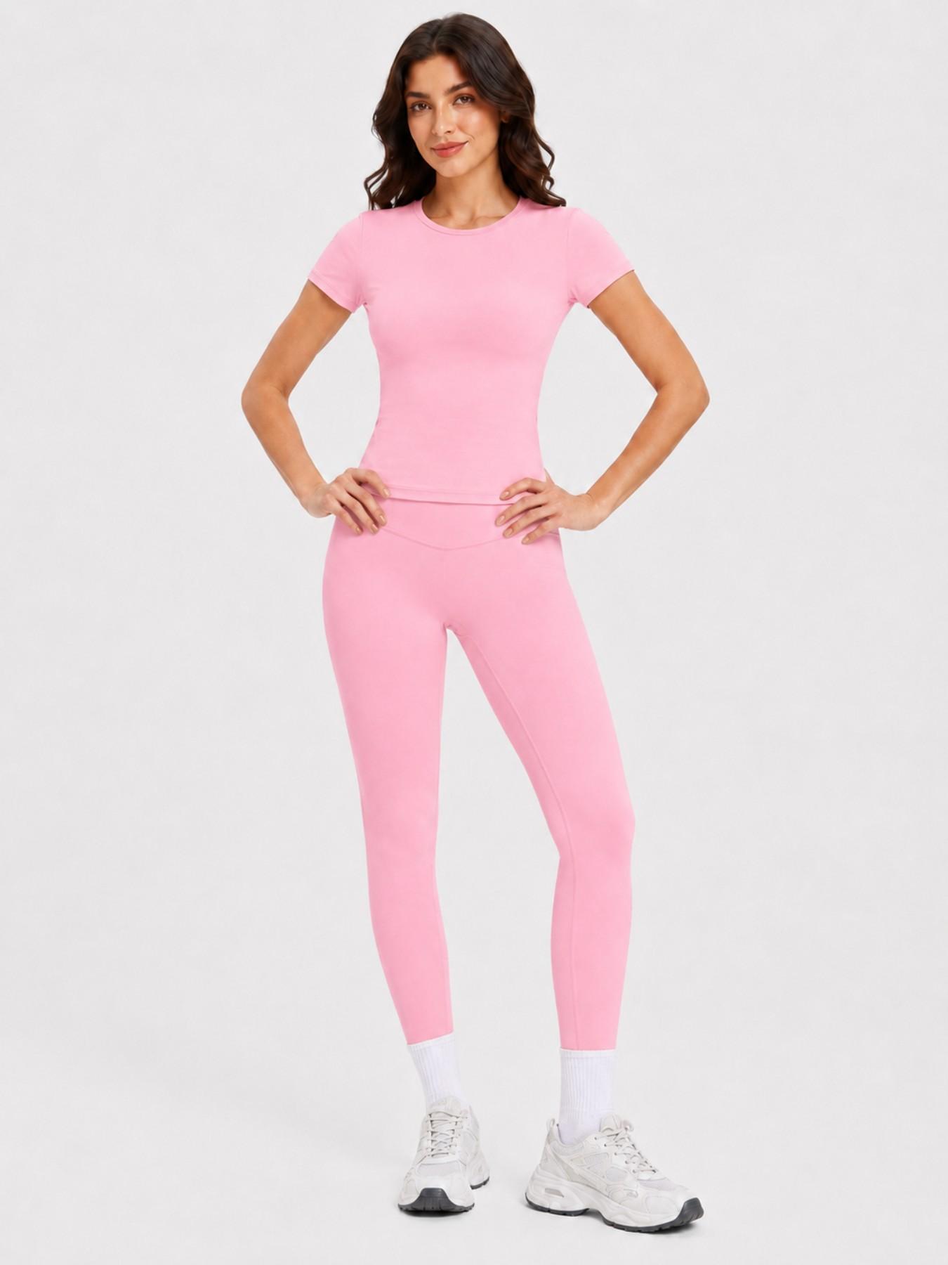 Women's 2-Piece Athletic Workout Set, Short-Sleeve Round-Neck Slim-Fit Crop Tee & High-Rise V-Front Yoga Leggings, Casual Running Gym Activewear Yoga Sportswear Set for Daily Wear