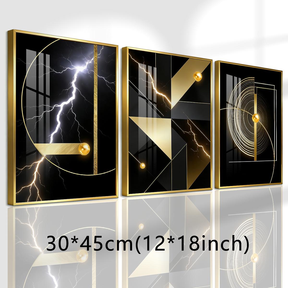 3 Counts Aluminum Alloy Framed Painting, Abstract Golden Geometric Lightning Art Pictures, Home Decoration For Living Room, Bedroom, Office, Restaurant, Hallway Wall Decor, Odorless Print Artwork, Luxury Perfect Gift For Friends And Family