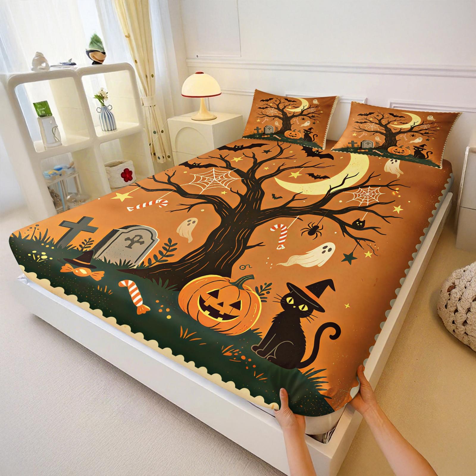 3Pcs Watercolor Halloween Pumpkin Ghost HD Digital Print Fitted Sheet Set, Washable Hypoallergenic Deep Pocket Mattress Cover For Edgy Girls All Season Dark Style Bedroom Decor, Polyester Bedding Set, Bed Sets Supplies