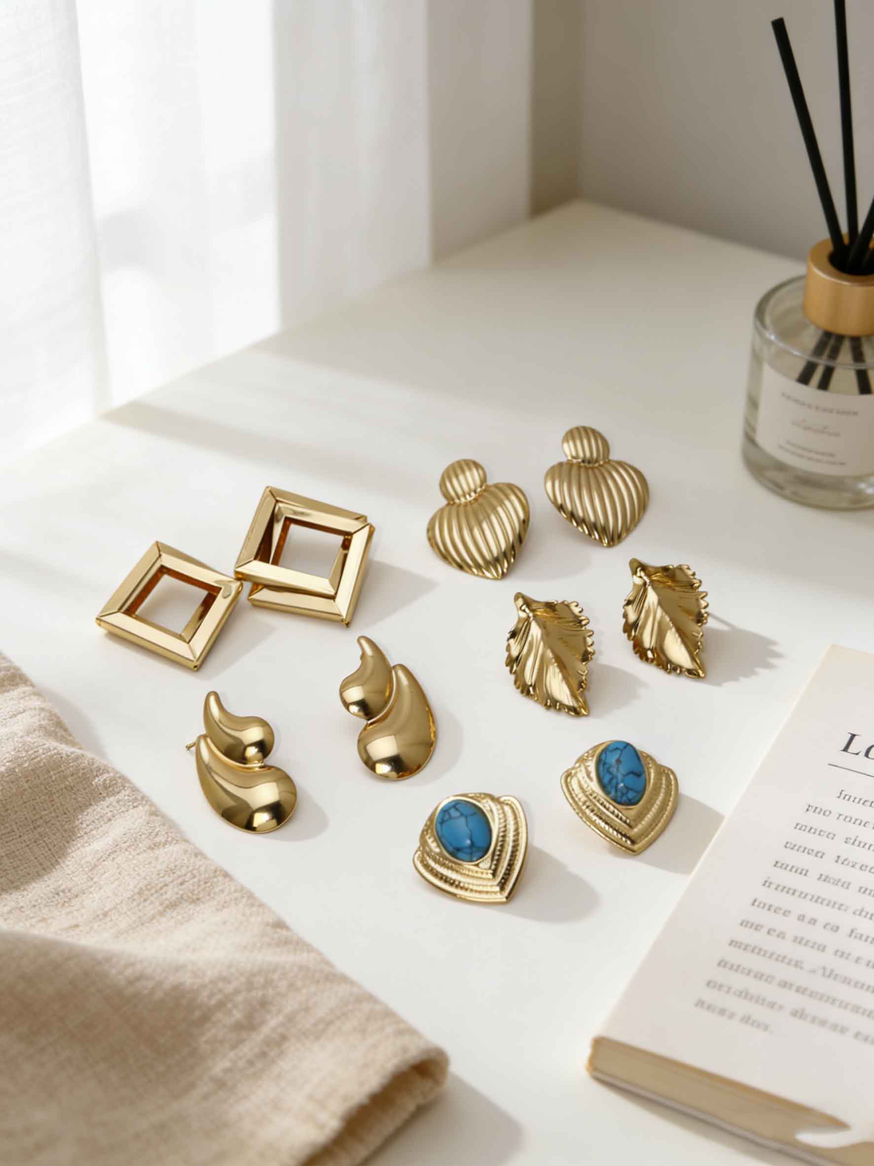 Vintage Gold Stud Earrings for Women 18K Gold Plated Turquoise Leaf Heart Square Geometric Chunky Earrings Hypoallergenic Stainless Steel Fashion Jewelry for Daily Wear Party Gift