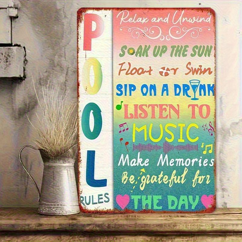 Vintage Pool Rules Cast Iron Metal Plaque - 8x12in Rustproof Rectangular Wall Art, Boho Home Decor with Funny Sayings, Universal for Outdoor Decor, Indoors Bathroom Patio