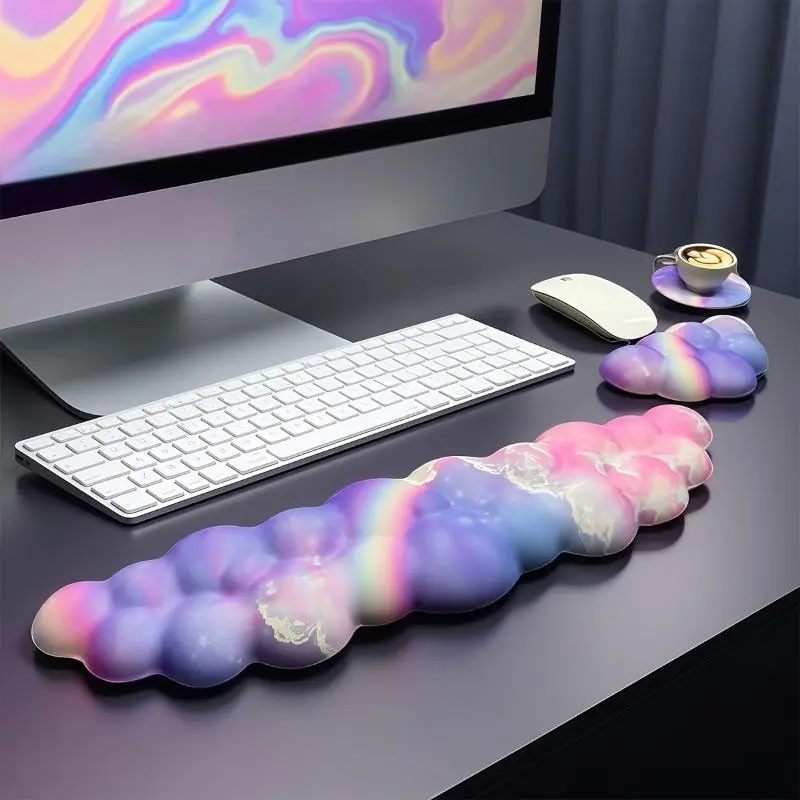 3PC Cloud Wrist Rest Keyboard & Mouse Pad Set, Ergonomic Wave Shape Wrist Support, Rainbow Planet Printed Desk Cushion for Office Gaming