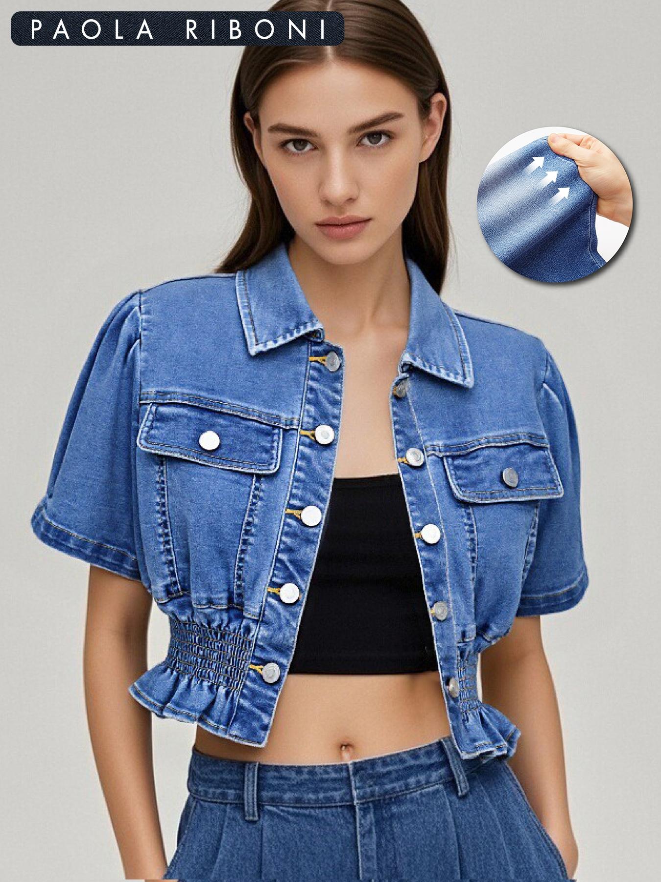 Women's Denim Jacket, Casual Short Sleeve Collared Outerwear for Summer, Fashion Women's Clothes for Daily Wear