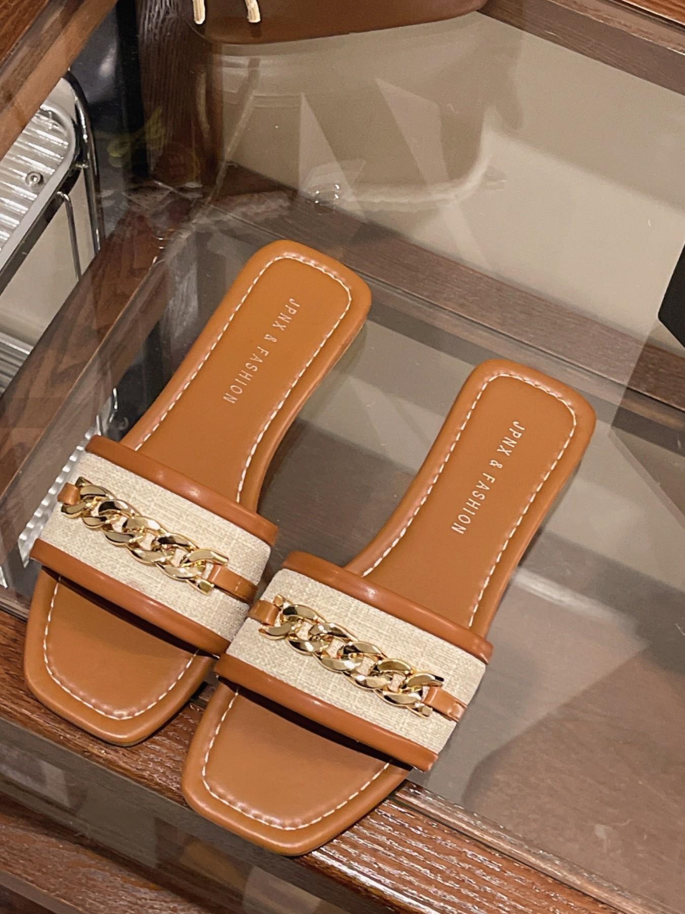 Women's Square Toe Sandals with Chain Decoration, Casual Flat Slip-On Shoes, Trendy Summer Fashion Footwear