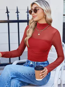 Women's Mesh Sheer Long Sleeve Ruched Top, Sexy Fitted High Neck, Fashion Chic Casual Versatile Basic Base layer Womenswear