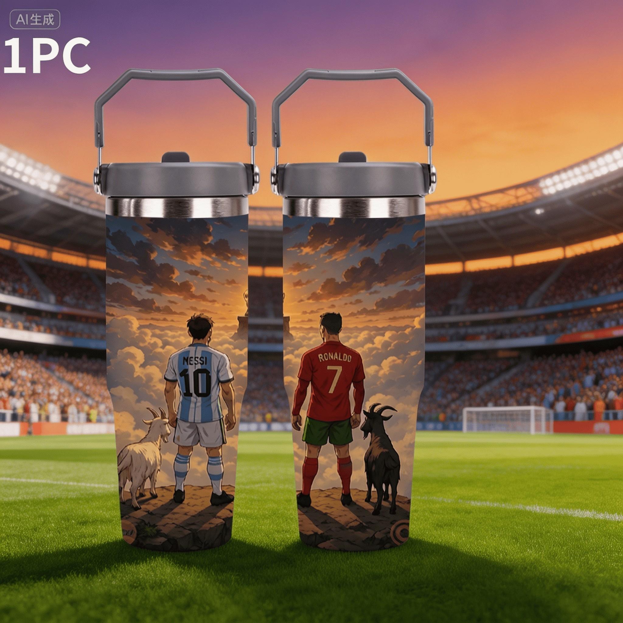 1pc 30oz stainless steel large-capacity car water bottle, featuring Messi and Ronaldo together. for fans of Messi and Ronaldo, football enthusiasts. Multiple patterns are available for selection. Outdoor camping Coffee Cups & Mugs