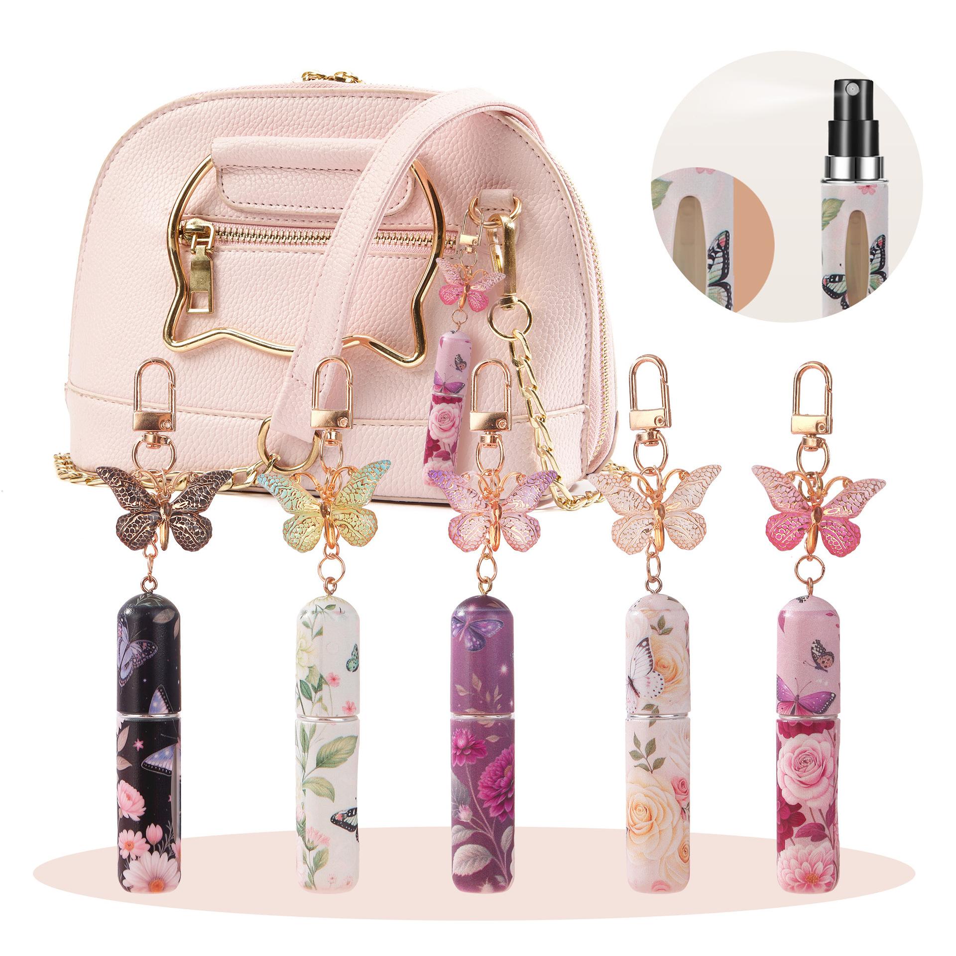 5Pcs butterfly perfume refillable bottles with girly style. 5ML bottom filling design, can be used as keychain and bag charm. Portable travel size for easy fragrance refill, delicate and stylish for daily use.
