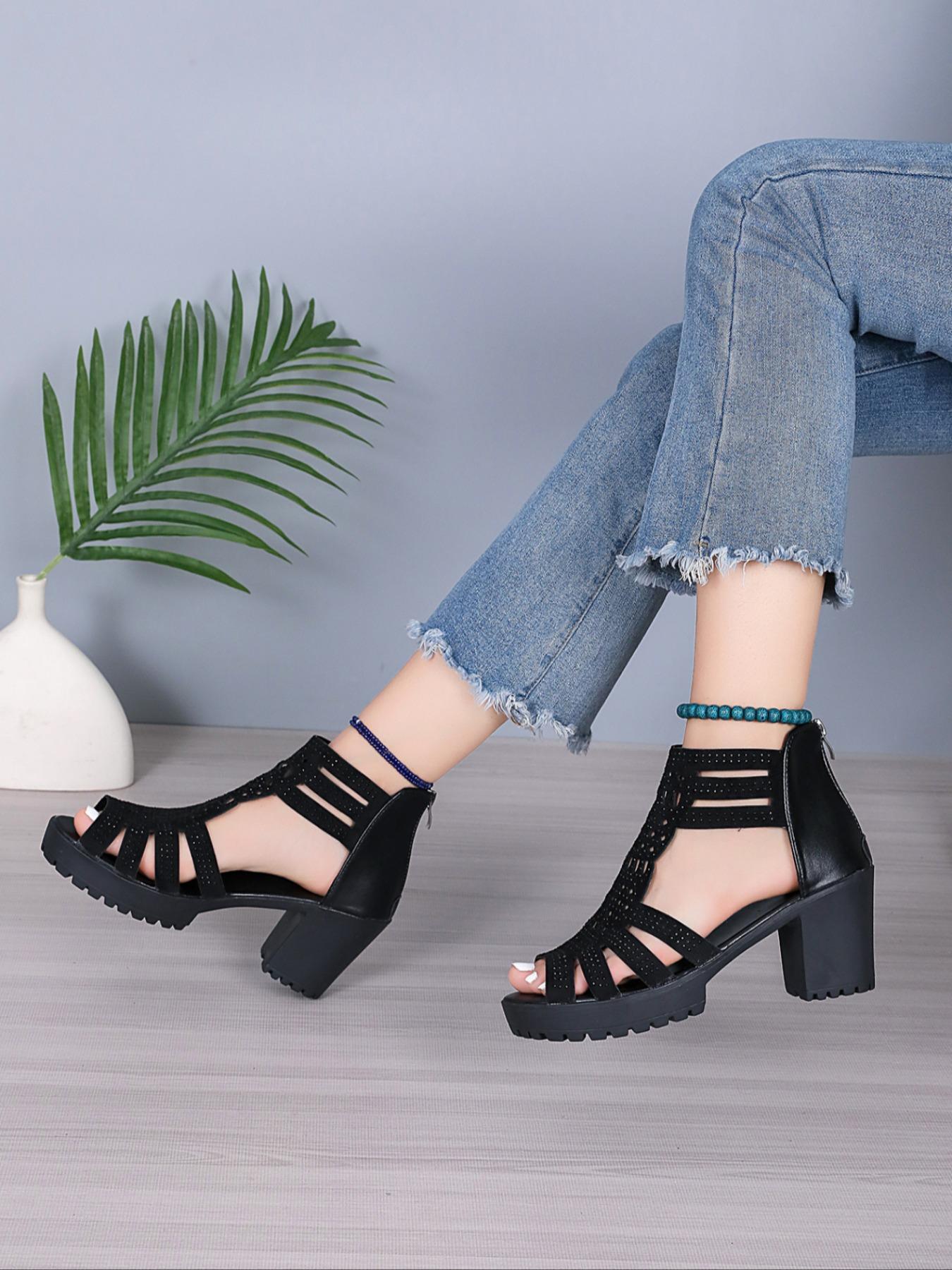 Women's Fashionable Hollow Out Design Chunky Heeled Sandals, High Heeled Sandals, Casual Comfortable Sandals for Daily Wear, Trendy All-match Shoes for Daily Wear, Girl