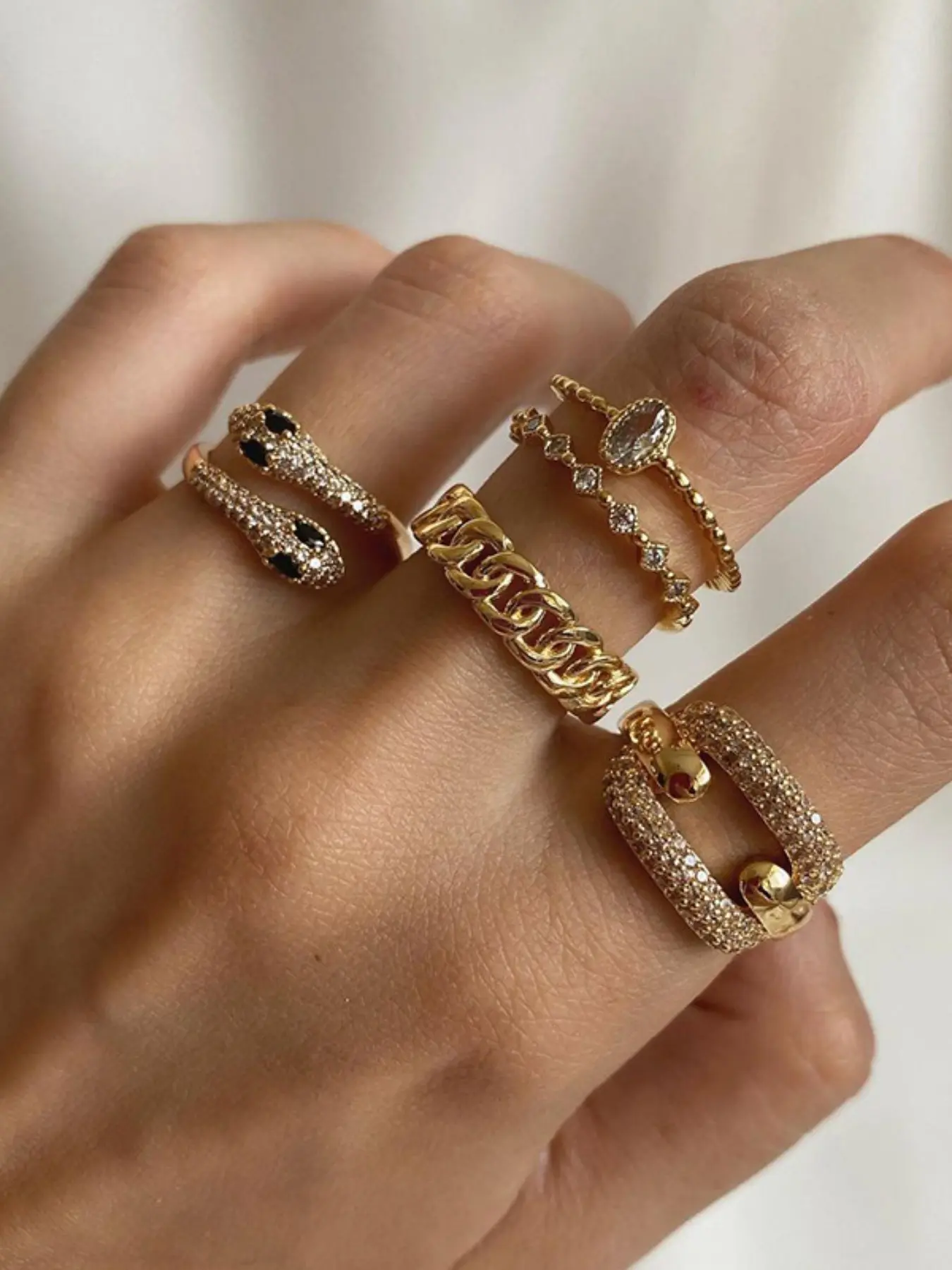 5-Piece Set Fashion Snake Chain Full Diamond Rings, Style Vintage Luxury Unique Design, Perfect for Commute Dating, Stackable High End Look