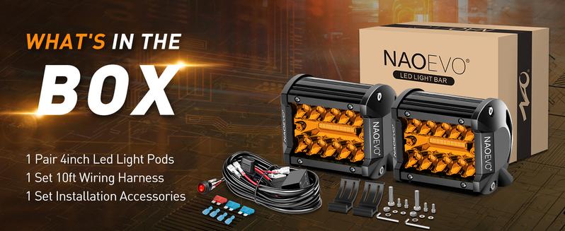 NAOEVO 4 Inch LED Pod Lights, Spot Flood Amber Lights with 2 Leads Wiring Harness, Cube Pods for Truck, Boat, ATV, UTV, 2 Pcs (Amber)