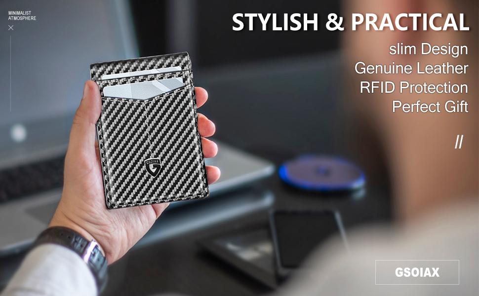 GSOIAX Slim Wallet for Men Leather Carbon Fiber RFID Blocking Minimalist Front Pocket Bifold mens Wallet with ID Window,12 Credit Card Holders with Gift Box