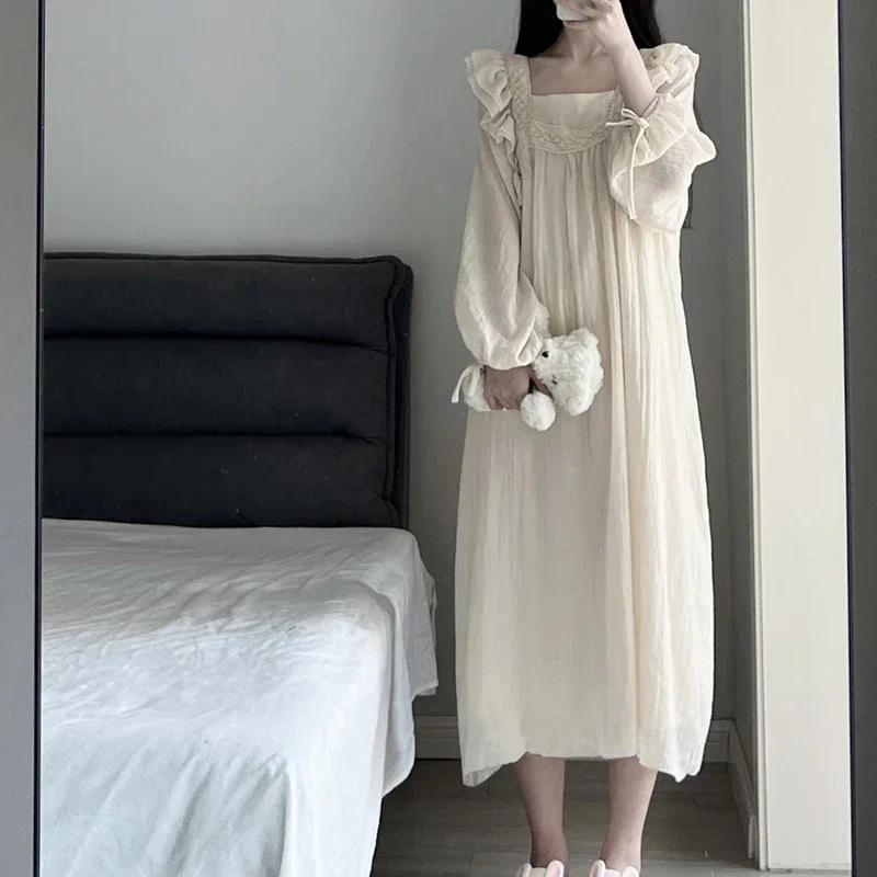 Ruffles Nightgown Sleepwear Women Korean Night Dress Solid Spring One Piece Pajamas Long Sleeve Square Collar Home Wear 2026 New