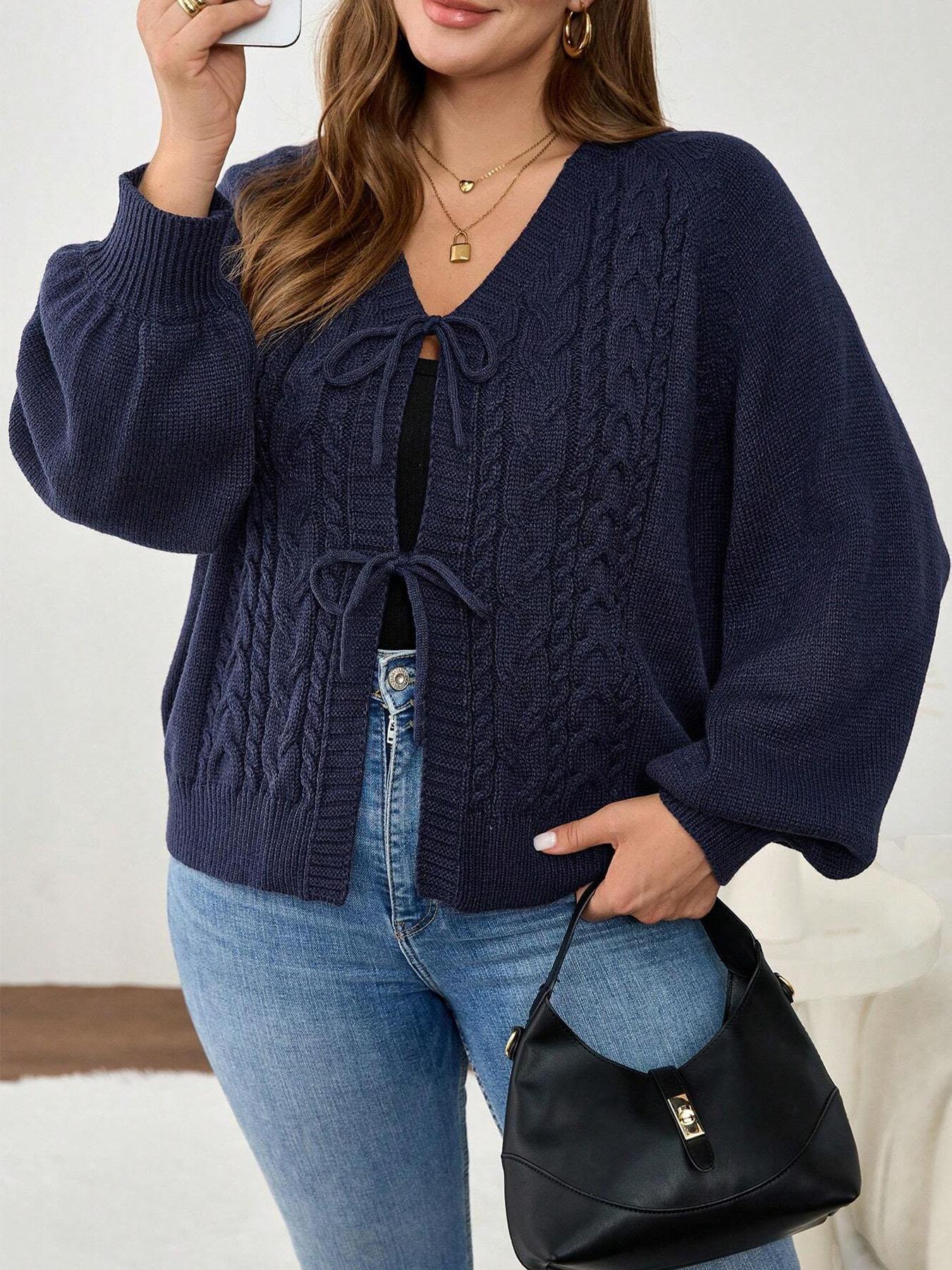 Plus Size Women's Blue V Neck Knit Cardigan Knitwear, Casual Long Sleeve Pullover, Fall & Winter Fashion, Comfortable Plain Design