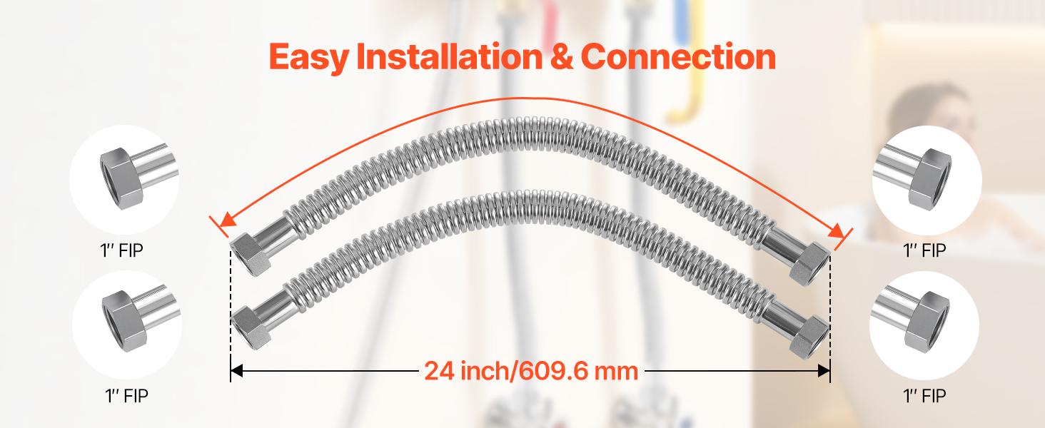 VEVOR Water Heater Kit, 24 Inch Length Water Heater Flex Connector, Waters Heaters Installation Kit with 1 FIPx 1 FIP Inlet Outlet Connection for Bathroom, Kitchen, Laundry Room, Boiler Room