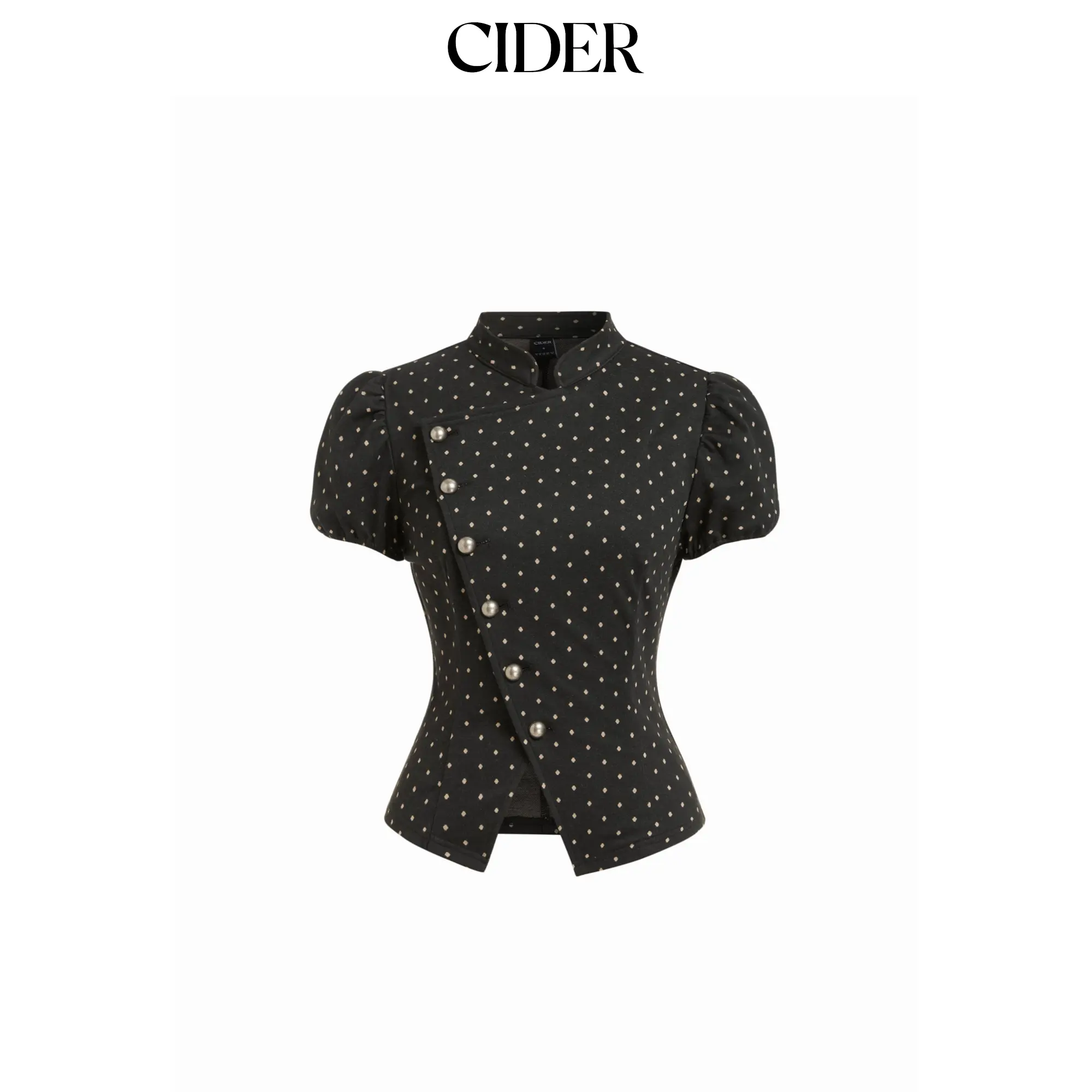 Cider Polka Dot Stand Collar Puff Sleeve Asymmetrical Blouse