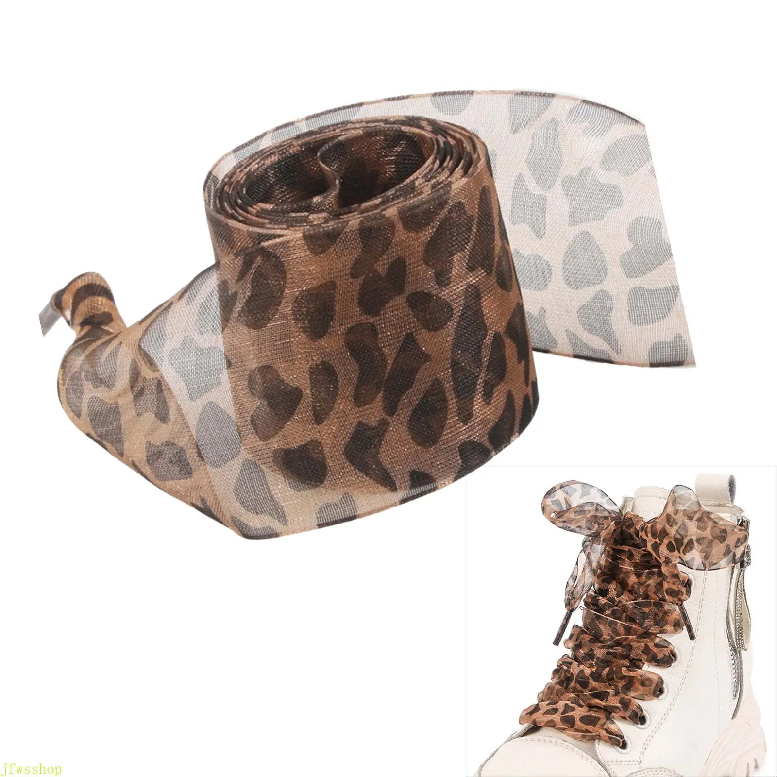 Leopard Print Sheer Flat Polyester Ribbon Shoelaces, 140cm Replacement Laces for Sneakers Runners, Sohochic Sports Shoe Laces
