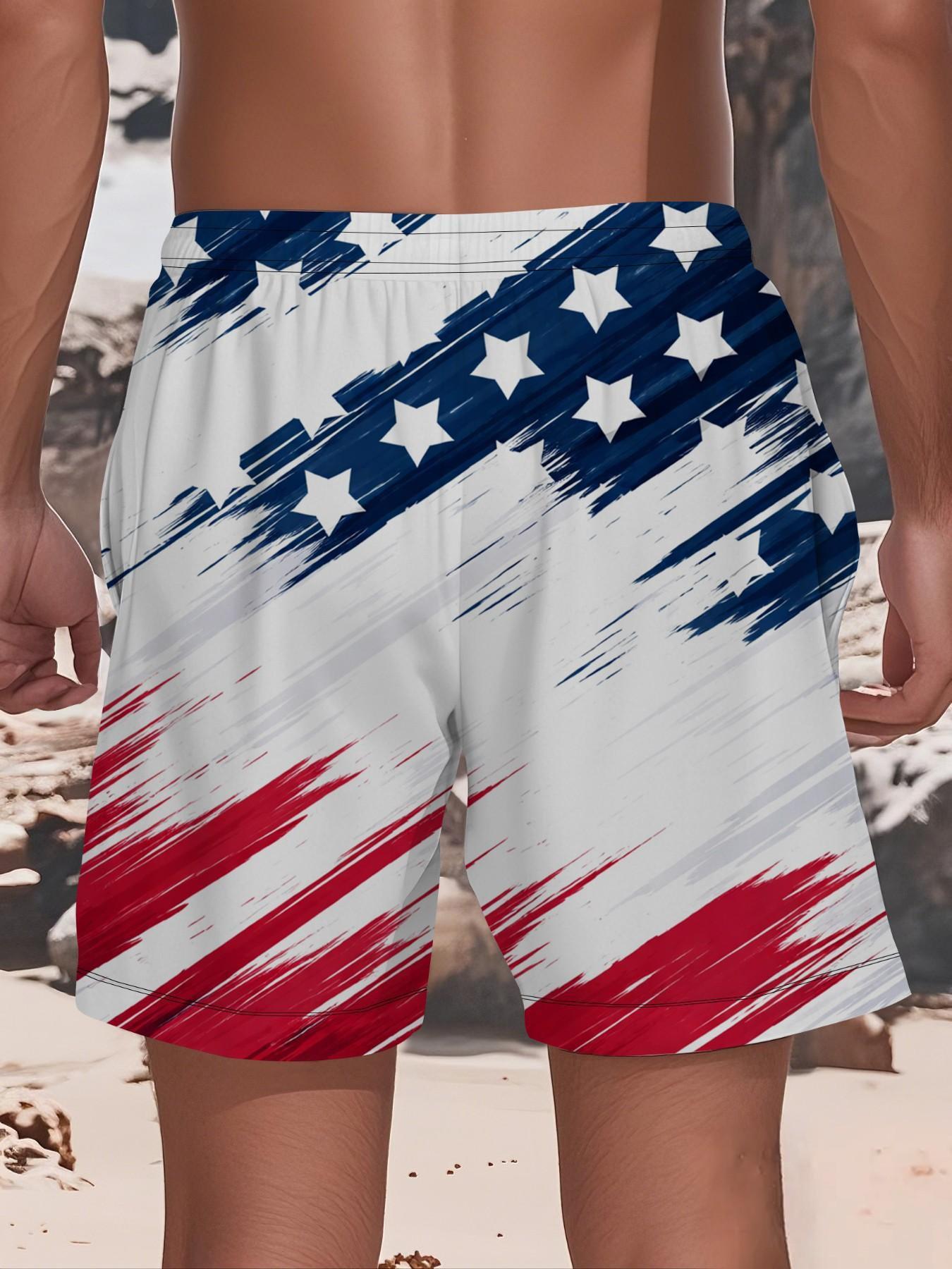 Men's American Flag Beach Shorts, Swimwear Shorts, Drawstring Swim Shorts, Quick-Dry Breathable, Holiday Essential, Fashion Casual Short Pants, Summer