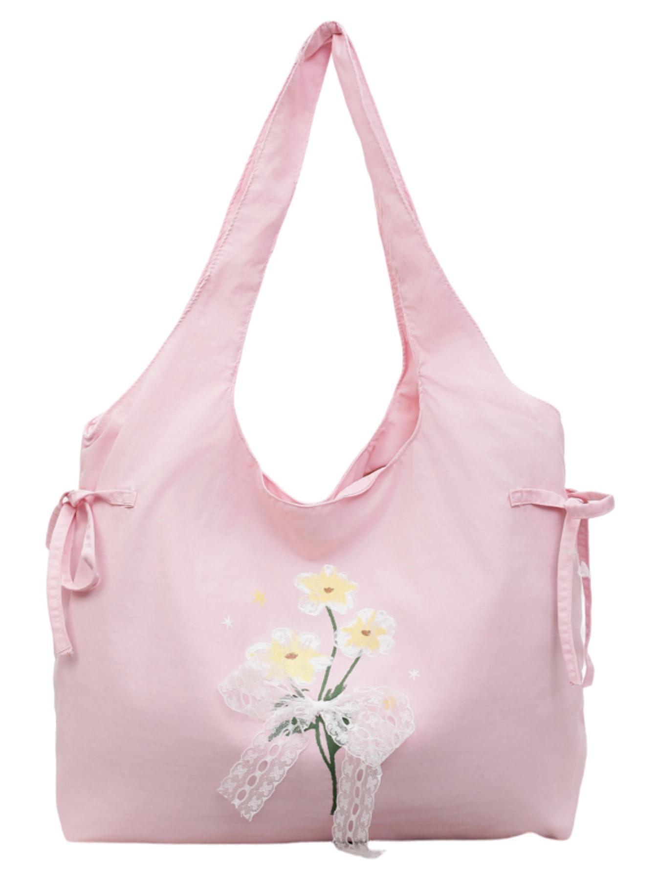 Lightweight Nylon Tote Bag, Floral Butterfly Knot Design, Casual Sweet Shoulder Bag, Ideal for Shopping and Daily Use, Perfect for Students