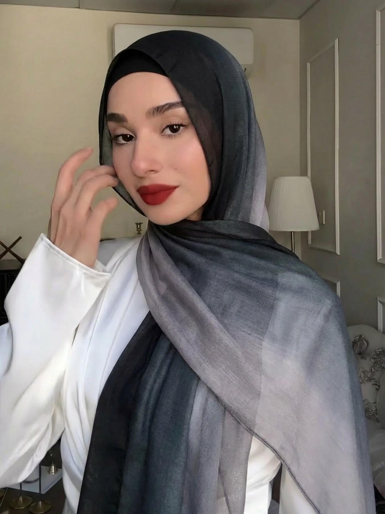 Women's Elegant Gradient Print Hijab Scarf, Soft Cotton Headscarves, Muslim Daily Wear Long Shawl, Fashionable Beach Wrap