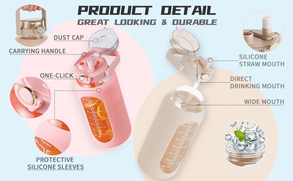 【WINSA】 64oz Glass Water Bolttles with Straw Half Gallon Large Motivational Water Bottle with Time Marker Sports Water Bottles with Silicone Sleeve and Handle Lid Water Jug for Gym Workout Leakproof Bpa Free Bottled Drinkware Cup