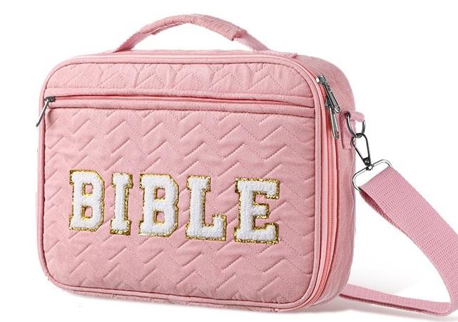 Easter Pink Bible Bag for Women Christian Gifts Church Bag with Chenille Letter and Shoulder Strap Soft Fabrics Bible Case Bible Book Cover with Highlighters Gel Pen Bible Journaling Kit for Christans Girls, Sunday Prayer Supplies