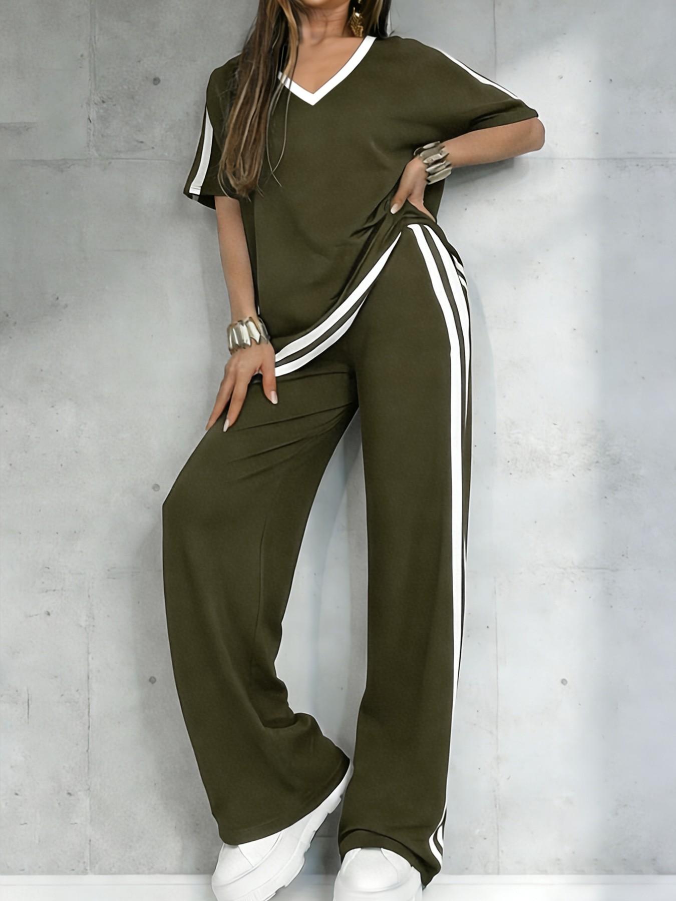 Women's Casual Sportswear Set, Pure Color V-Neck Short Sleeve T-Shirt & Striped Long Pants, Spring Summer Two-Piece