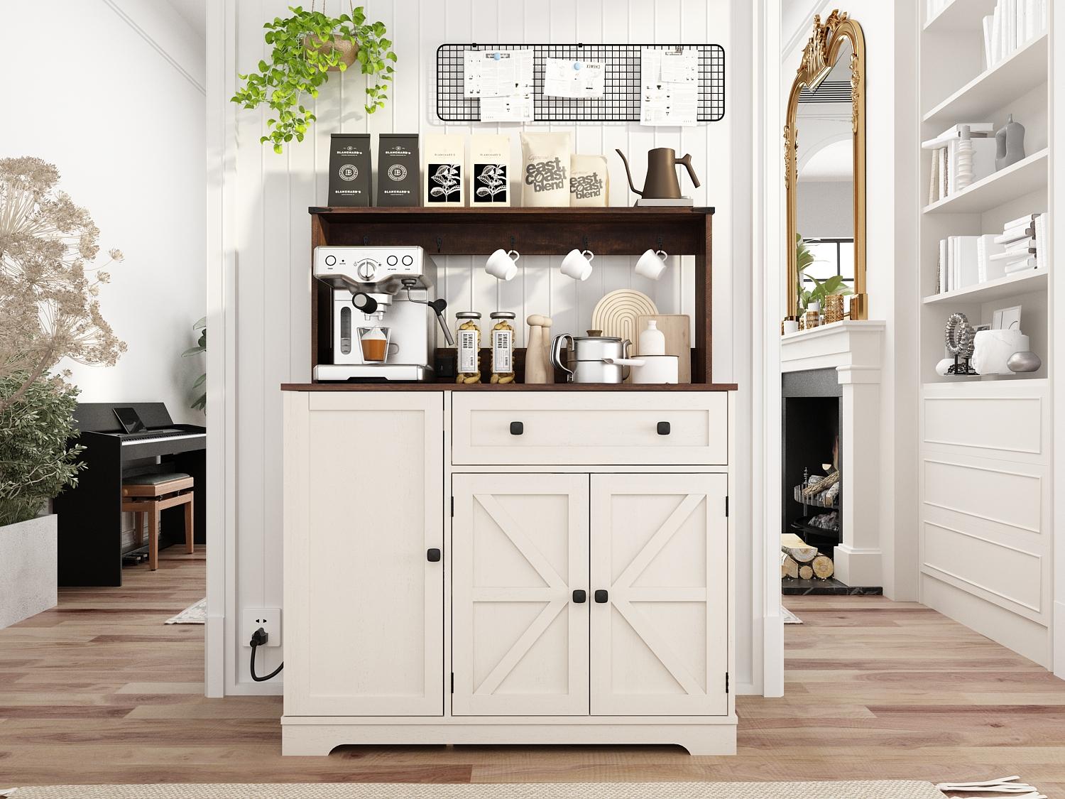 PieDle 39" Rustic Coffee Bar Cabinet with Drawer, Charging Station & Adjustable Shelves, Kitchen Hutch Sideboard for Dining Room Storage