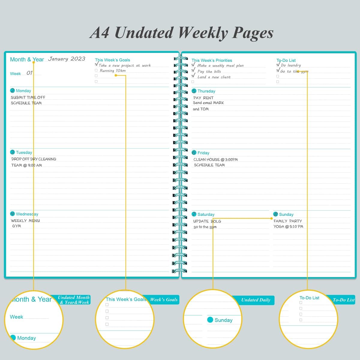 Undated Planner Pro - 8.5" x 11" Weekly & Monthly Planner to Achieve Goals & Increase Productivity, 12 Months Undated Agenda Daily Planner, Start Anytime, Teal
