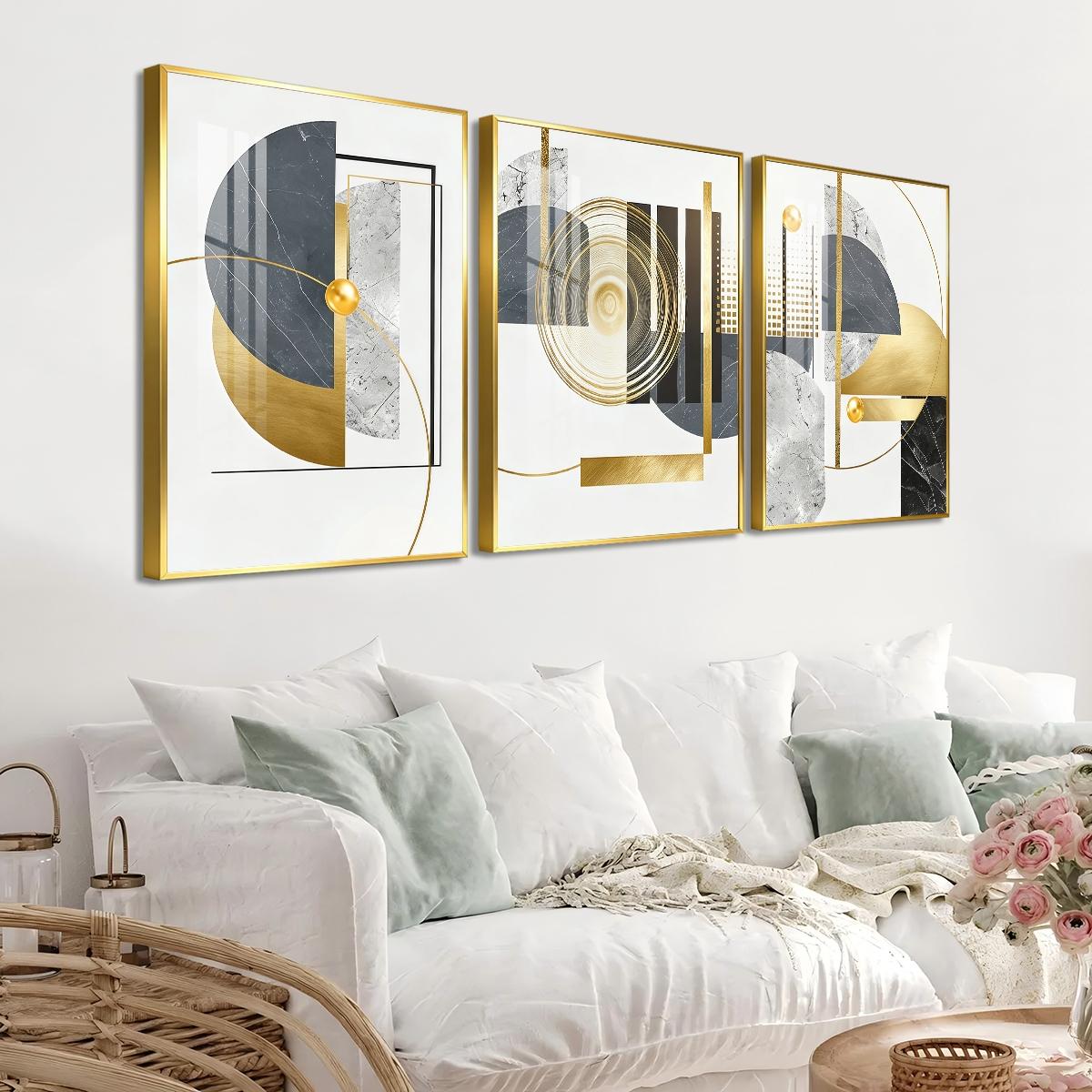 3 Counts Aluminum Alloy Framed Painting, Geometric Gold And Grey Abstract Art, Home Decoration For Living Room, Bedroom, Office, Restaurant, Hallway Wall Decor, Odorless Print Artwork, Luxury Perfect Gift For Friends And Family