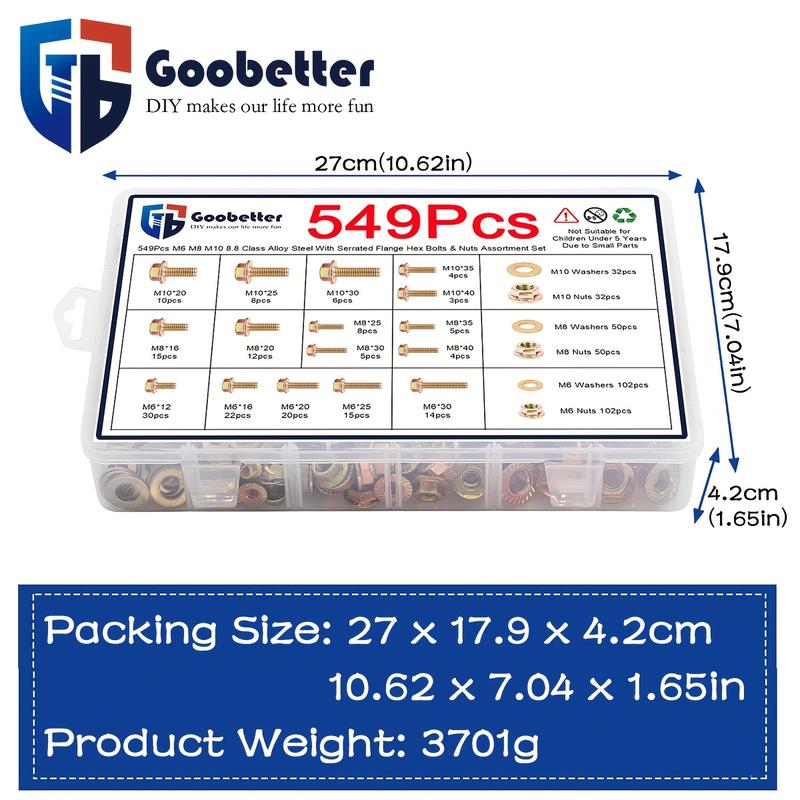 549pcs Metric Fange HexBolts, Nuts &Washers Assortment Kit,M6 M8 M10 Sizes, Class 8.8 AlloySteel, ZincPlated, for DlY, HlectronicsHousehold Appliances &CommunicationEquipment 549pcs Metric Fange HexBolts, Nuts &Washers Assortment Kit,M6 M8 M10 Sizes, Class 8.8 AlloySteel, ZincPlated, for DlY, HlectronicsHousehold Appliances &CommunicationEquipment