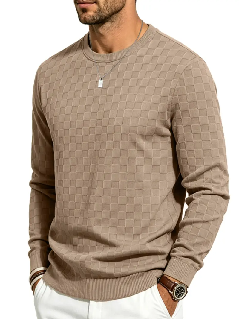 4-Pack Men's Plaid Knit Sweatshirts, Textured Grid Pattern Long Sleeve, Soft Lightweight Casual Top, Ideal for Fall Winter Streetwear