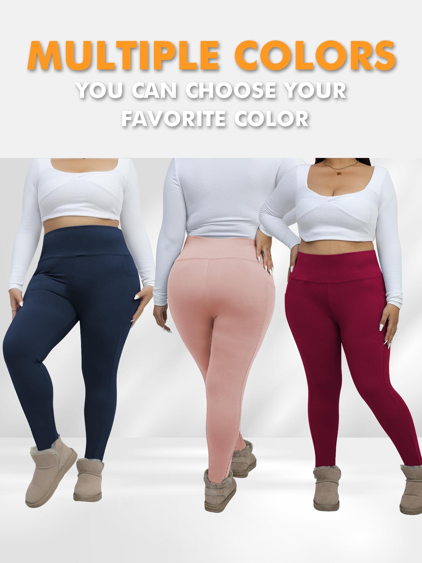 Women's Plus Size High-Waist Fleece-Lined Leggings, Thermal Stretchy Winter Pants with Pockets, Warm for Daily Wear