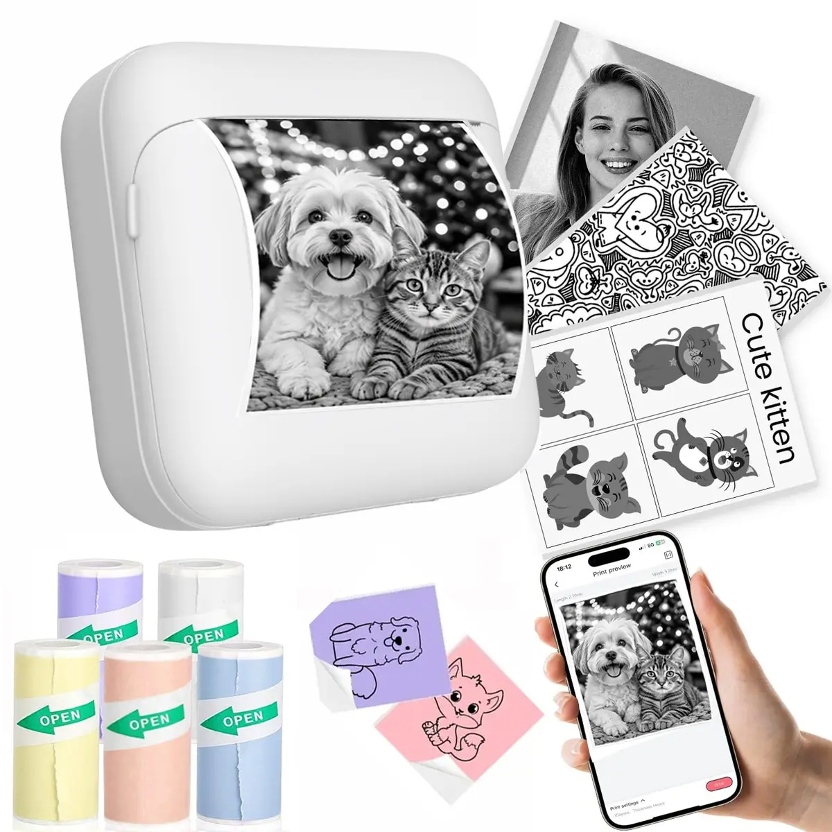 Wireless Mini Printer, Portable Inkless Thermal Sticker Printer with 5 Rolls of Printing Paper, Ideal for Photos, Notes, DIY, Compatible with iOS and Android