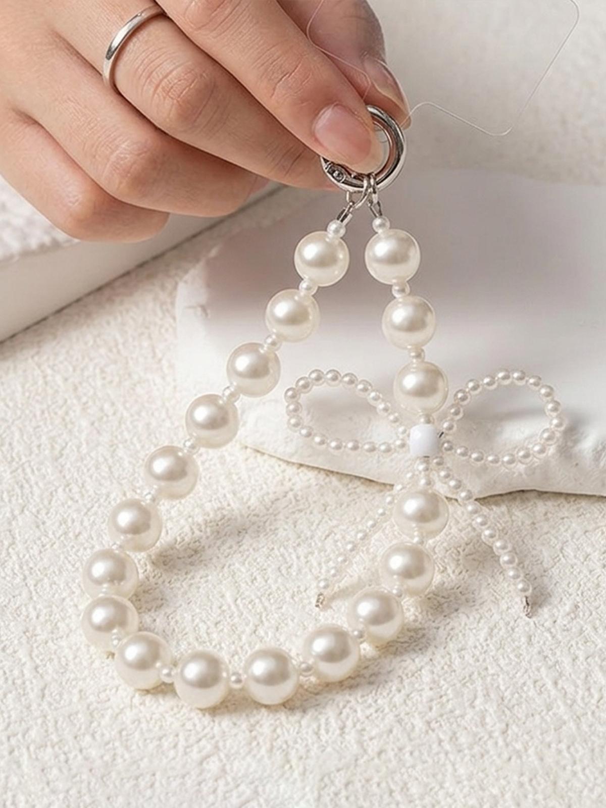 Elegant Pearl Bow Bag Charm & Phone Wristlet, Luxury Faux Pearl Handbag Pendant, Aesthetic Crystal Bow Keychain Accessory, Perfect Birthday Christmas Valentine's Day Gift for Women Girls, Trendy Bag Decor for Tote Backpack