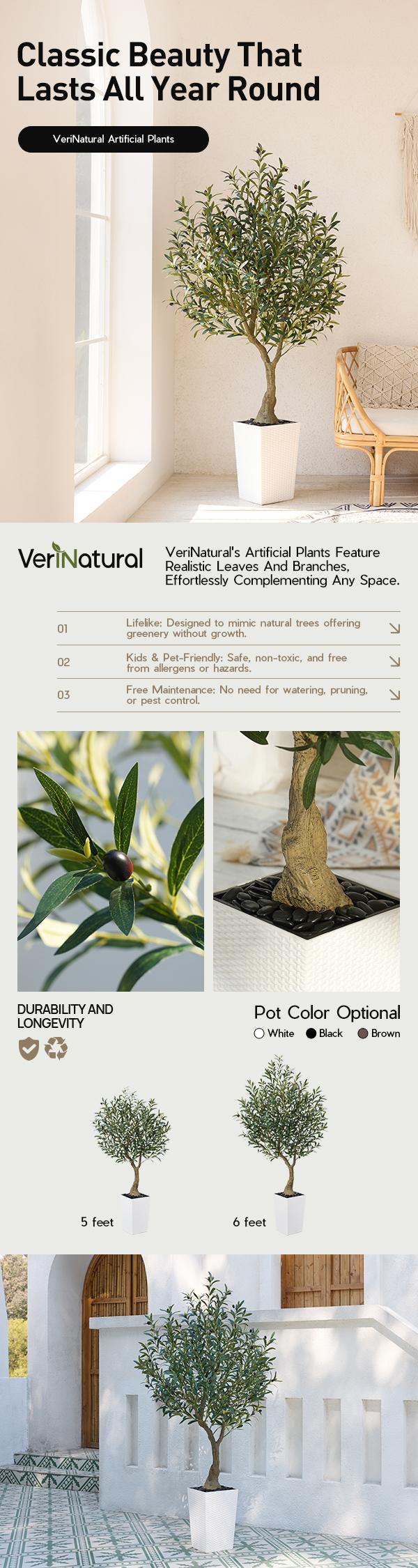 VeriNatural 5/6FT Artificial Olive Tree UV Resistant with White Taper Planter for Indoor & Outdoor（VN137）