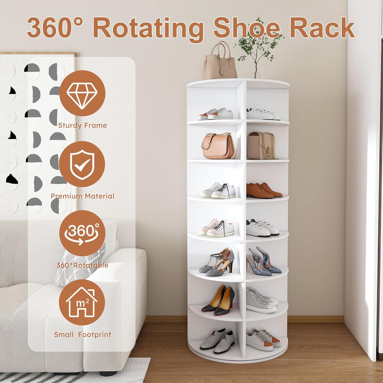 7-Tier Rotating Shoe Rack Tower, Holds 28 Pairs of Shoes - 360° Spinning Floor Storage Organizer, Free Standing for Closet/Bedroom/Entryway, Space Saving, White Box Leather