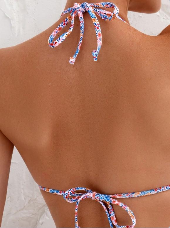 Women's Bikini Set with Adjustable Straps, Sexy Vacation Beachwear, Printed Halter Neck Swimsuit, Spring Summer 2026 Fashion