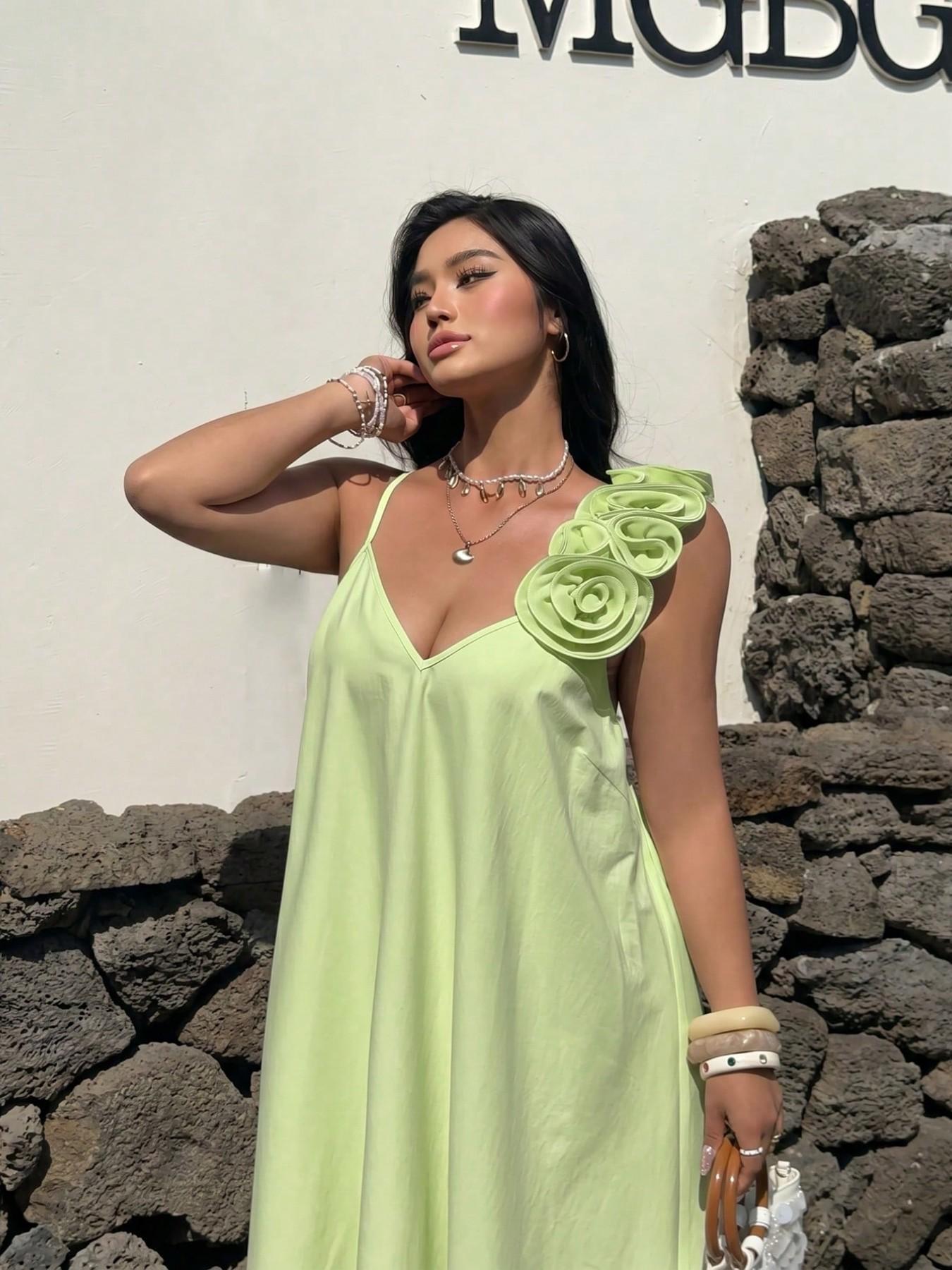 Pastel Light Green Floral 3D Rose Slip Maxi Dress, Flowy Lightweight Sleeveless Long Gown, Summer Boho Bohemian Vacation Outfit, Elegant Beach Garden Wedding Guest Dress