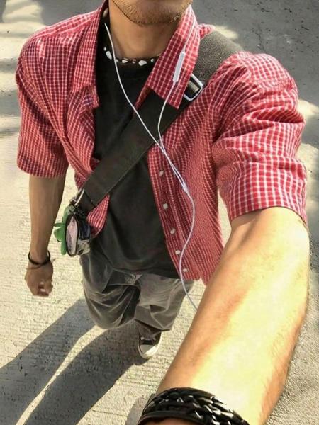 Men's Summer Plaid Short Sleeve Shirt, Single Button Casual Fashion Fitted Vintage Style, Trendy Street Fashion, Outdoor Wear, Fresh Minimalist Design